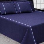 100% Cotton Satin Stripe Flat Bedsheet Set (240×260) Double – 5 Pcs - Navy x Baby Blue Line