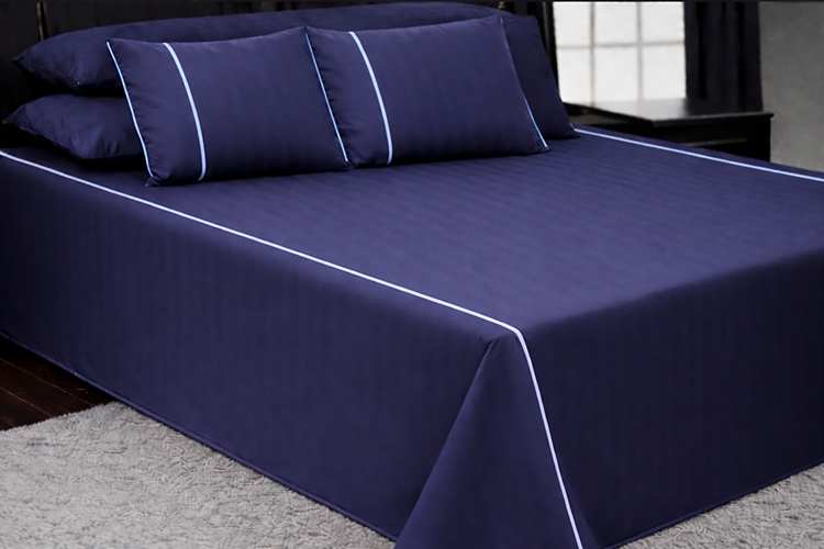 100% Cotton Satin Stripe Flat Bedsheet Set (240×260) Double – 5 Pcs - Navy x Baby Blue Line