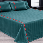 100% Cotton Satin Stripe Flat Bedsheet Set (240×260) Double – 5 Pcs - Green x Red Line
