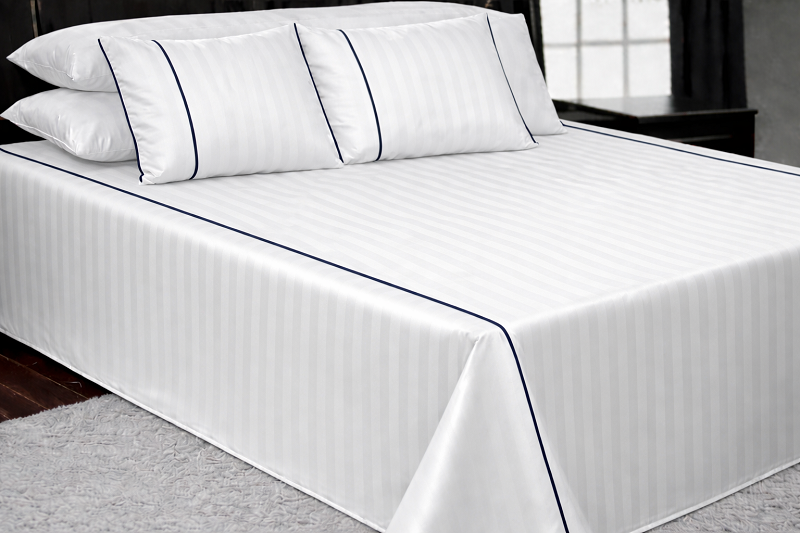 Satin Stripe Flat Bedsheet Set (230×240) Double – 5 Pcs - white x blue line