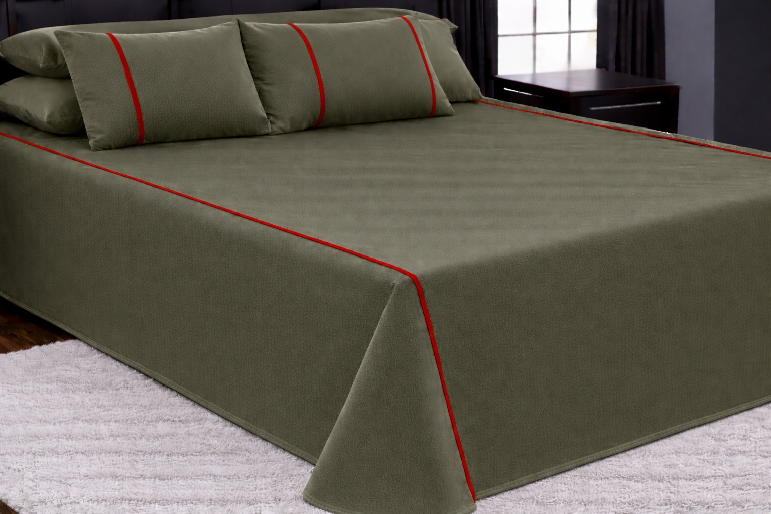 100% Cotton Flat Bedsheet Set (240×260) Double – 5 Pcs - Dark Olive Green*Red line