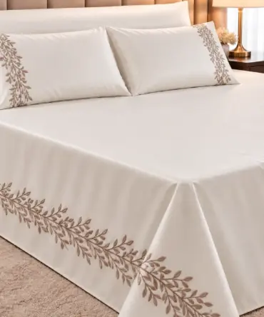 Plain Embroidered Double Bedsheet Set – Leaves (5 Pieces)