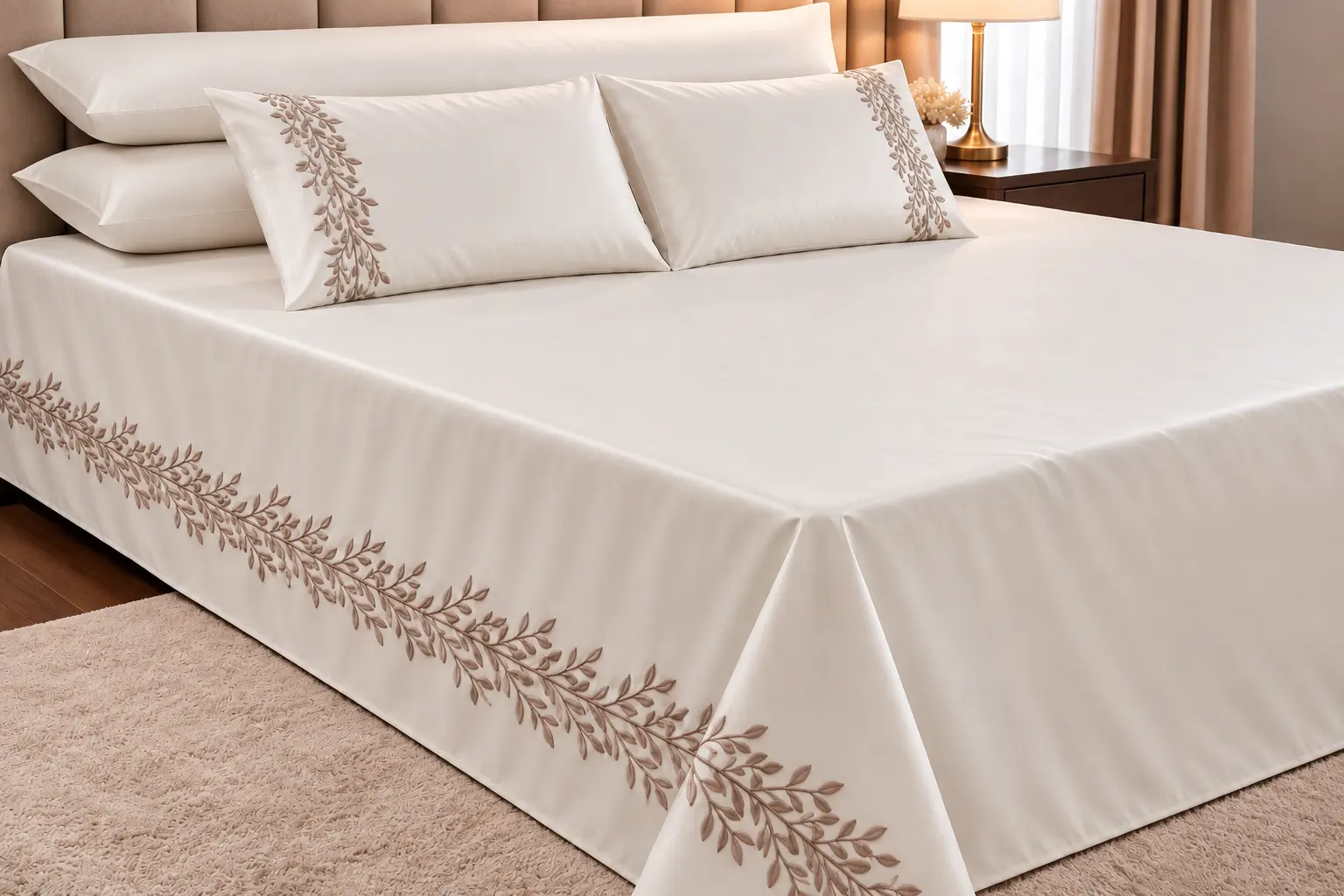 Plain Embroidered Double Bedsheet Set (230x240) – Leaves 5 Pieces