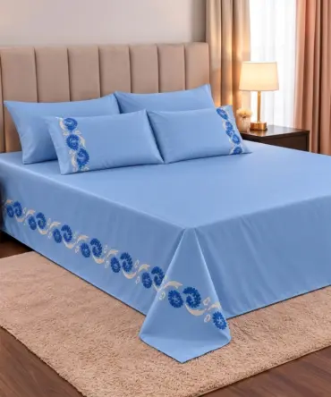 Plain Embroidered Double Bedsheet Set – Lotus Flower (5 Pieces)