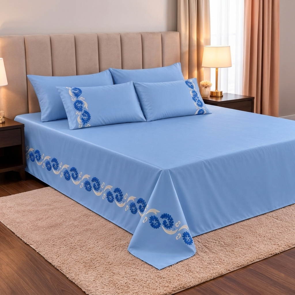 Plain Embroidered Double Bedsheet Set (230x240) – Lotus Flower 5 Pieces